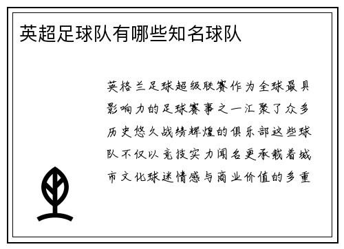英超足球队有哪些知名球队