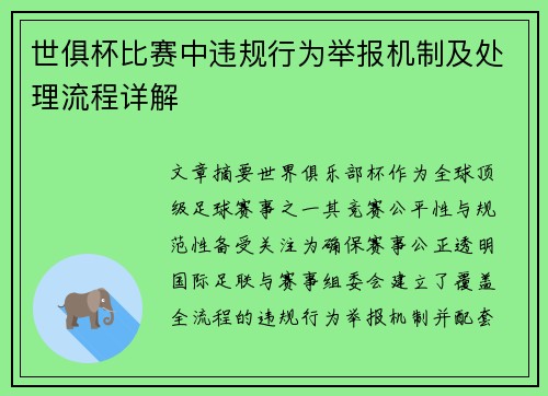 世俱杯比赛中违规行为举报机制及处理流程详解