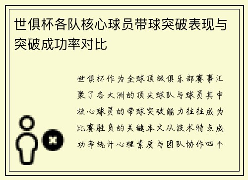 世俱杯各队核心球员带球突破表现与突破成功率对比