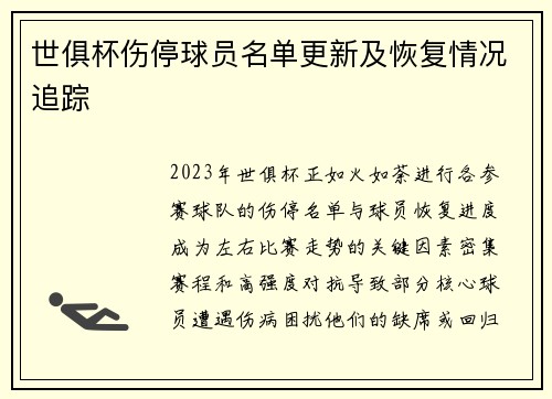 世俱杯伤停球员名单更新及恢复情况追踪